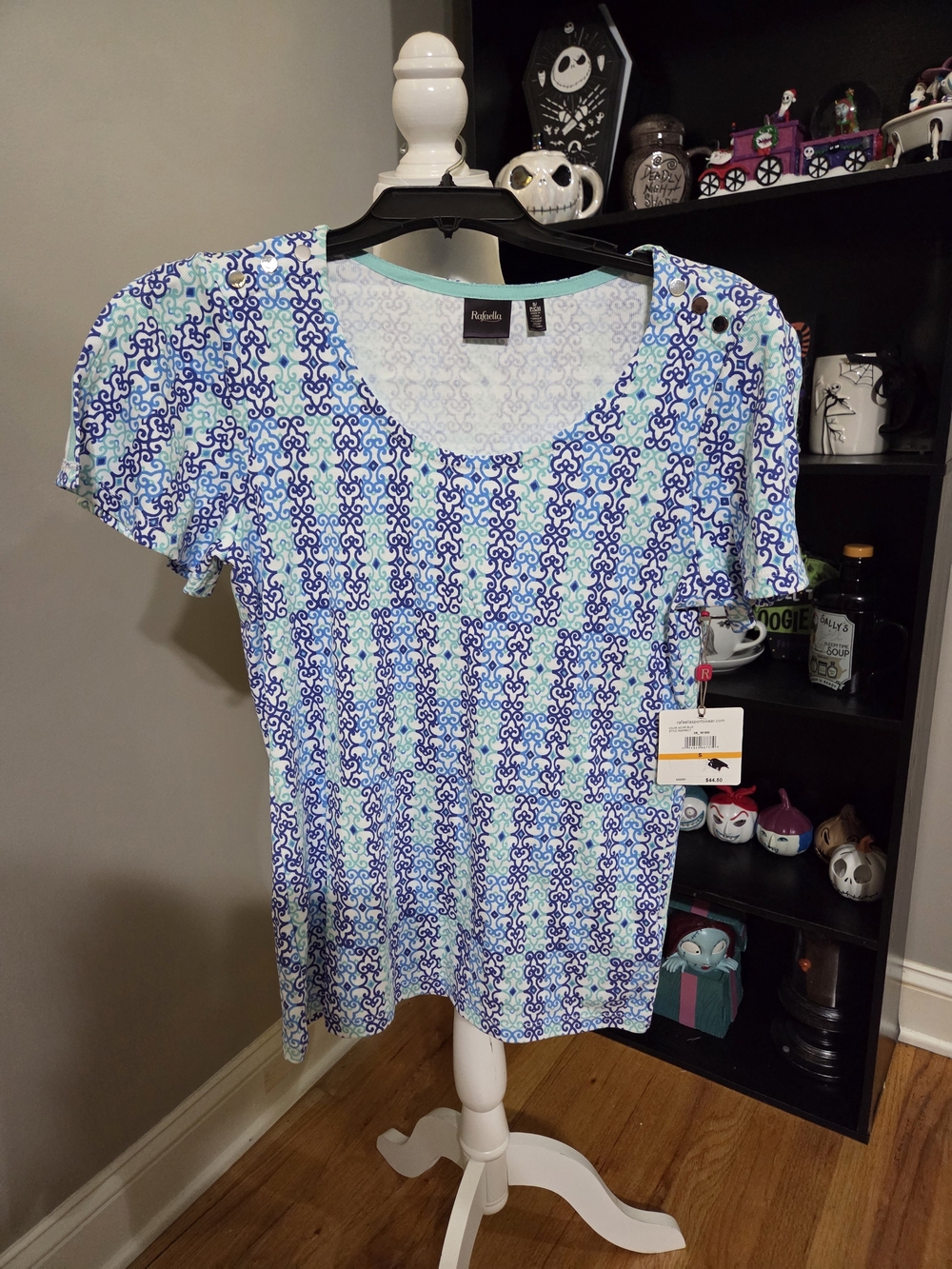 Rafaella Blue and Aqua Patterned Scoop Neck Short Sleeve Top